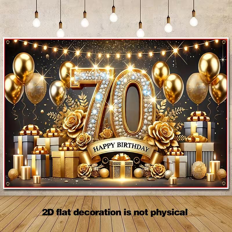 Двумерный Черно-Золотой Счастливый 70-й День Рождения Фон Блестящий Алмазный Номер 70 Баннер для Украшения Вечеринки
