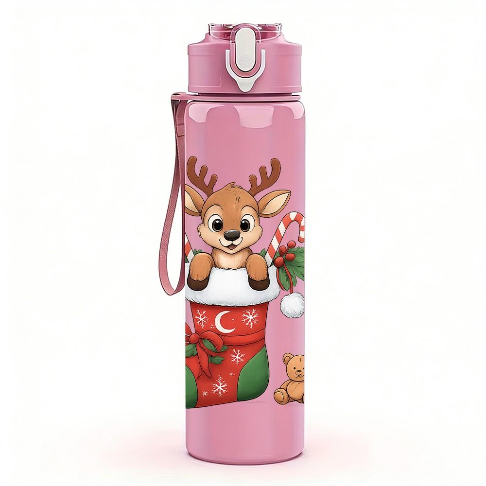 1PC Christmas Stocking Reindeer 750ml Color Plastic Sports Water Bottle Leakproof Flip Straw Lid Suitable for Sports Office Home Use