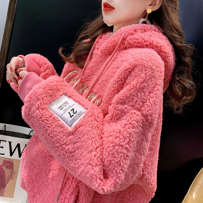 Осенне-зимний плюшевый утолщенный свободный свитер с капюшоном, пальто с заниженными плечами, топ ягненка