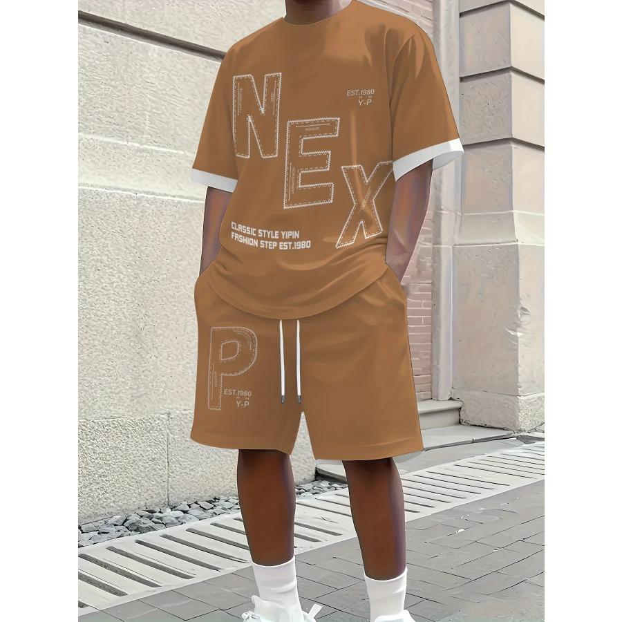 Летний мужской комплект Минималистичный Спортивный Повседневный Футболка с круглым вырезом Streetwear Дышащий Топ с коротким рукавом и Шорты Комплект из двух предметов