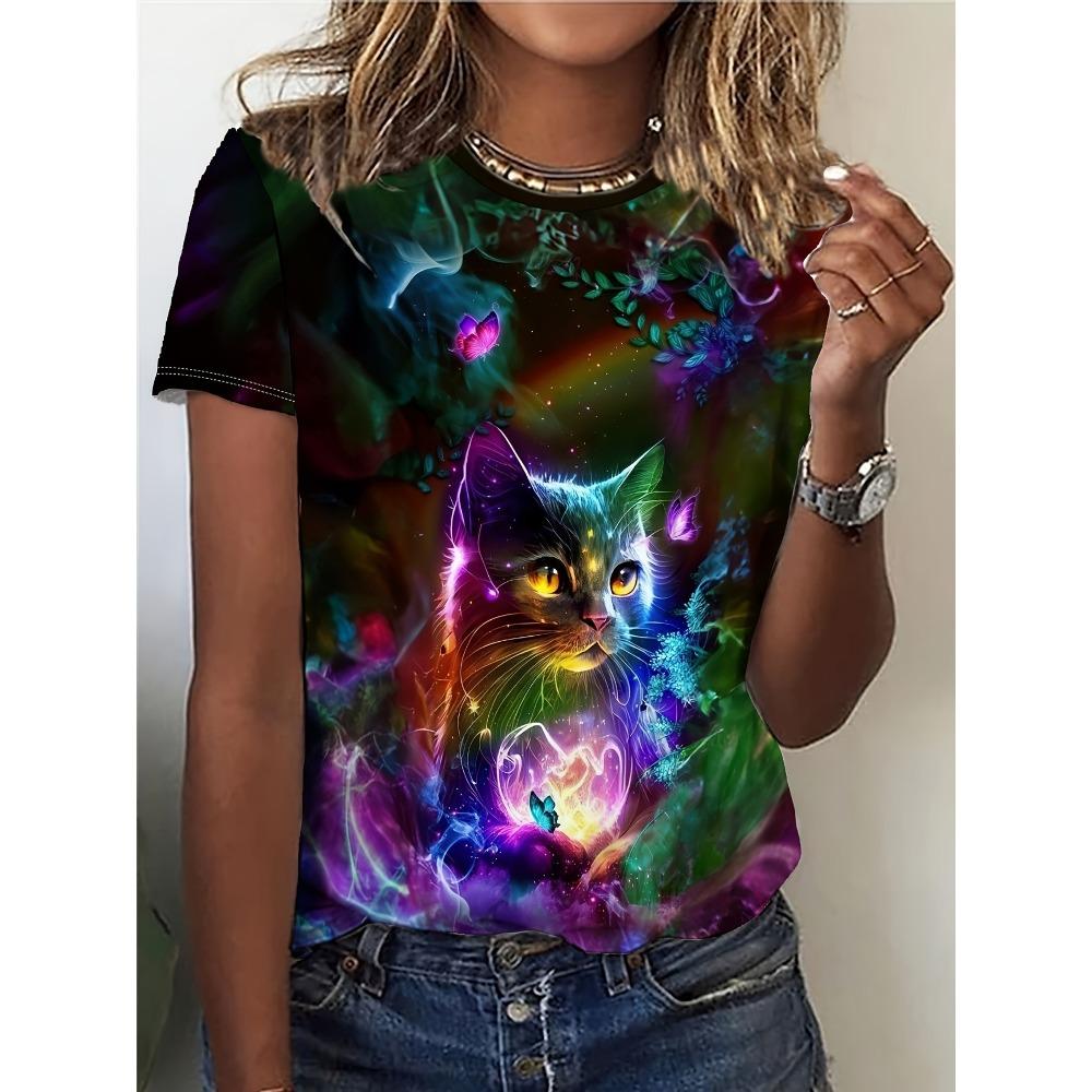 2024 Summer New Women's 3D Digital Printed T-shirt Creative Animal Pattern Round Neck Casual Short Sleeve Loose Fashion Top