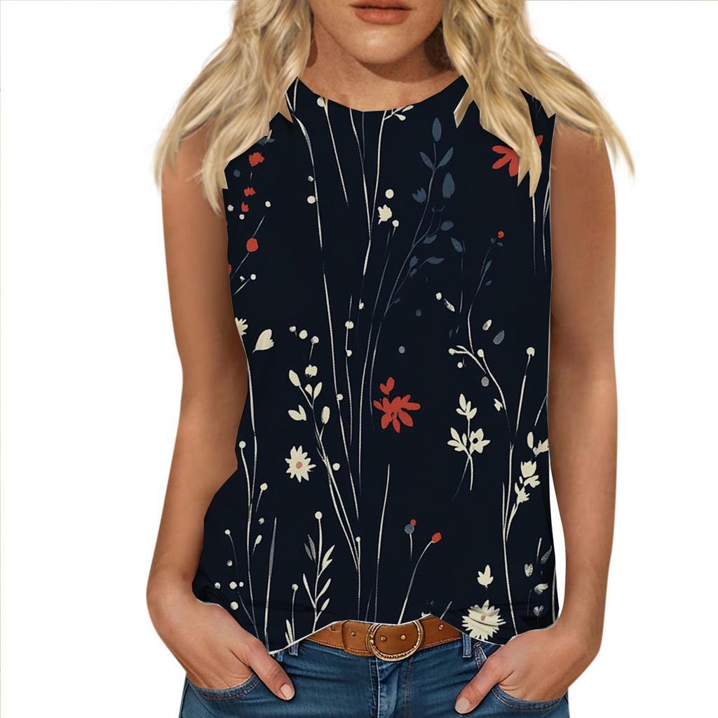 Women's Casual Round Neck Printed Sleeveless Vest Tops Vest