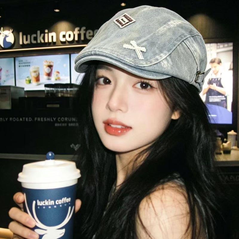 Spring and Autumn Bow Cowboy Forward Hat Female Face Small Beret Retro Washed Old Newsboy Hat Tide