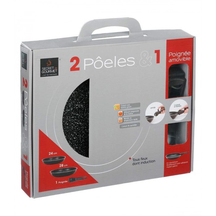 Lot de 2 poêles pierre 24 et 28 cm + poignée amovible Secret de Gourmet