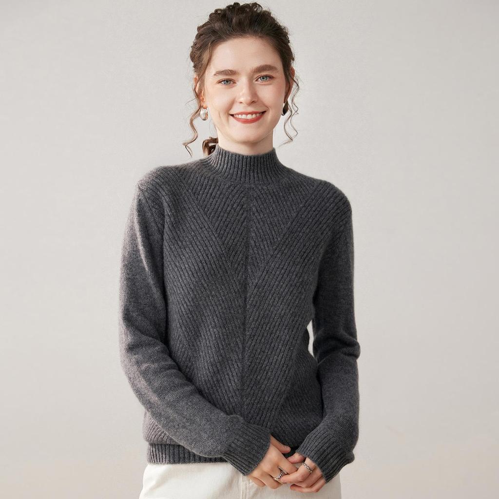 Women's Urban Casual Cashmere Sweater - Half-High Neck, Long Sleeve, Thick, Solid Color, Autumn/Winter Pullover Base Layer.