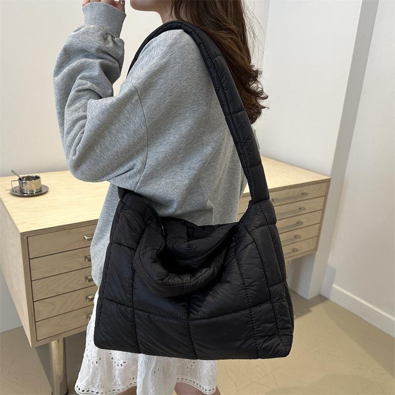 Yogodlns Solid Color Shoulder Messenger Bags Large Capacity Lightweight Quilted Totes Down Cotton Padded Puffy Handbags for Women