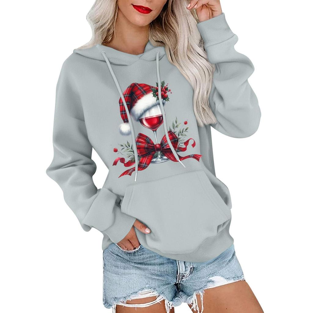 Women's Casual Comfortable Neck Hooded Long Sleeve Christmas Print Warm Sweatshirt