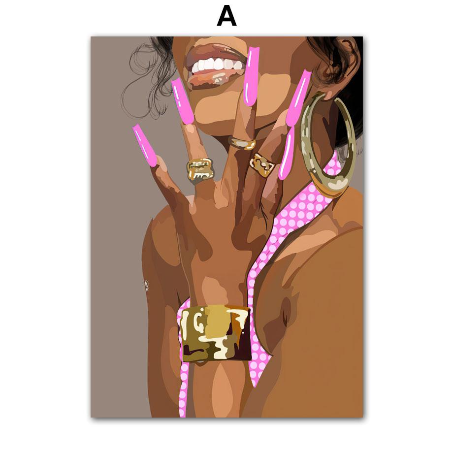 Черная модная девушка, парикмахерская, дизайн ногтей, салон, декор для гостиной, плакат и принт, настенная живопись на холсте, настенные панно Hoem