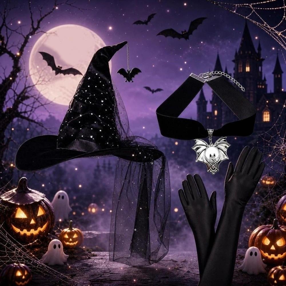 3/4pcs Spider Witch Hat Gloves Curved Brim Halloween Cosplay Outfit Witch Costume Halloween