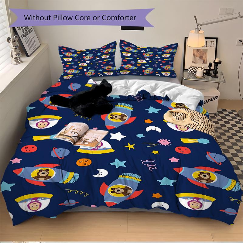 3Pcs Space Adventure Bears Bedding Set Quilt Cover Pillowcase Home Christmas Xmas Halloween Gift 1 Duvet Cover 2 Pillowcase M929432