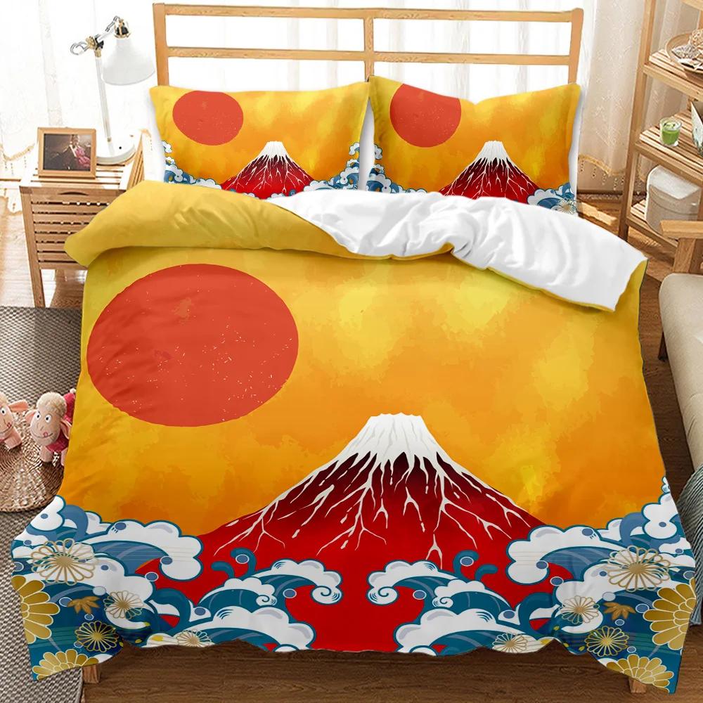 National Trend Duvet Cover Set Cherry Blossoms Crane Printed Bedding Set Sea Waves Down Traditional Retro Polyester Quilt Cover