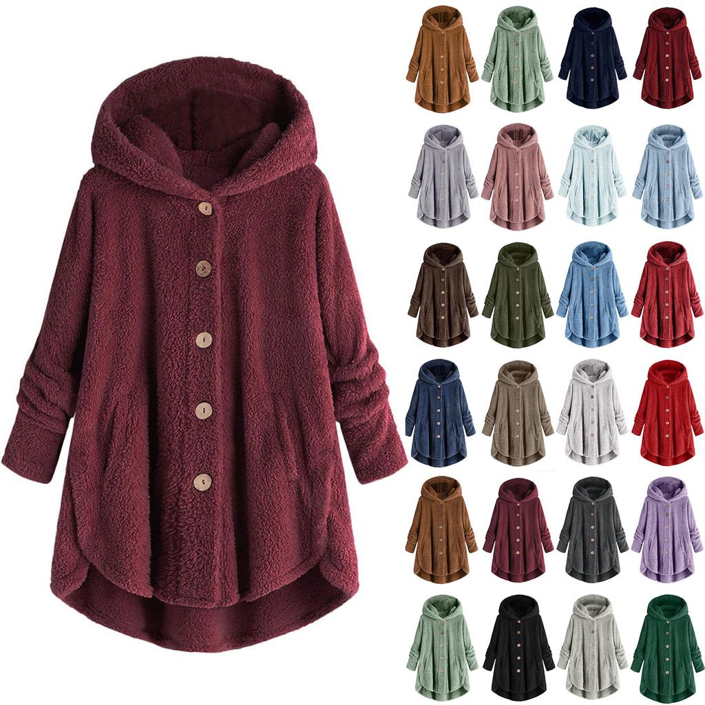 Women's Fashion Solid Color Pocket Button Hooded Loose Casual Plush Jacket