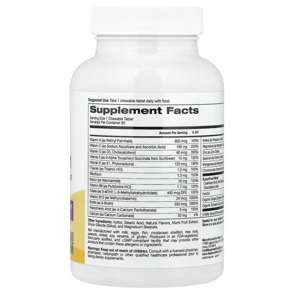 Super Nutrition SimplyOne®, Мультивитамины для женщин 50+ + Травы для укрепления здоровья, Вкус лесных ягод, 90 жевательных таблеток