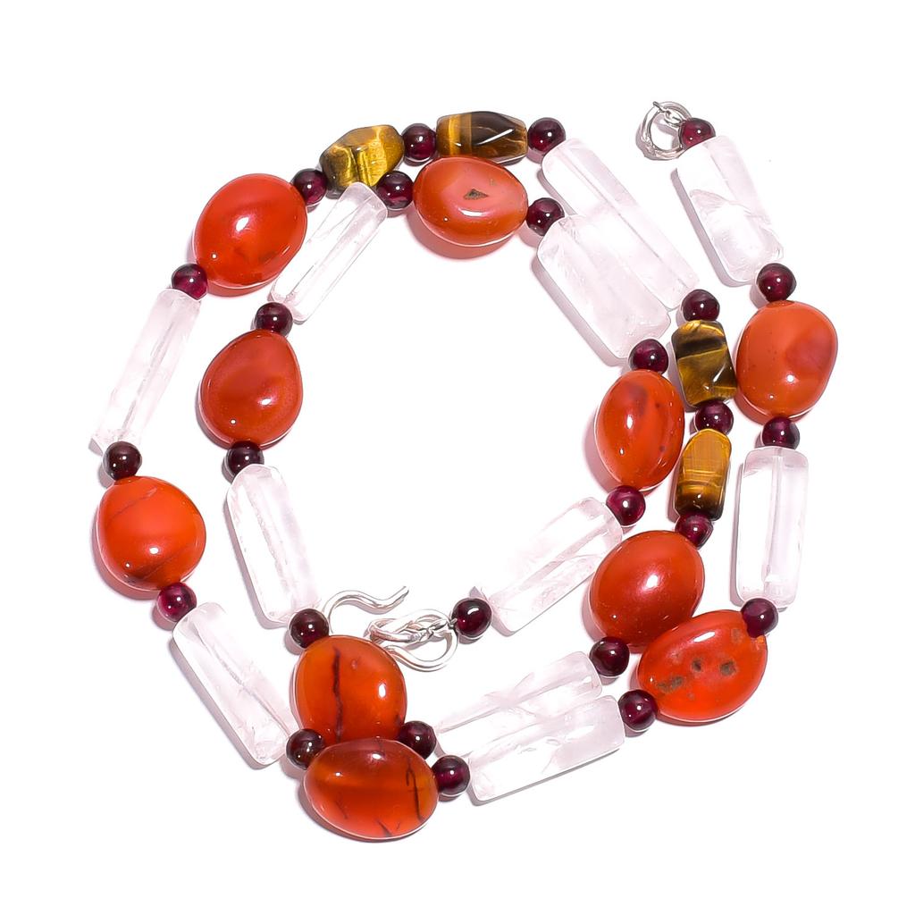 Natural Carnelian Tiger Eye Garnet Gemstone Smooth Beads Necklace 17" UB-4780 UB-4780