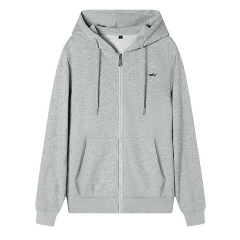 Unisex Cotton Terry Embroidered Fish Zipper Cardigan with Pockets - Loose Fit for Autumn/Winter Sports.