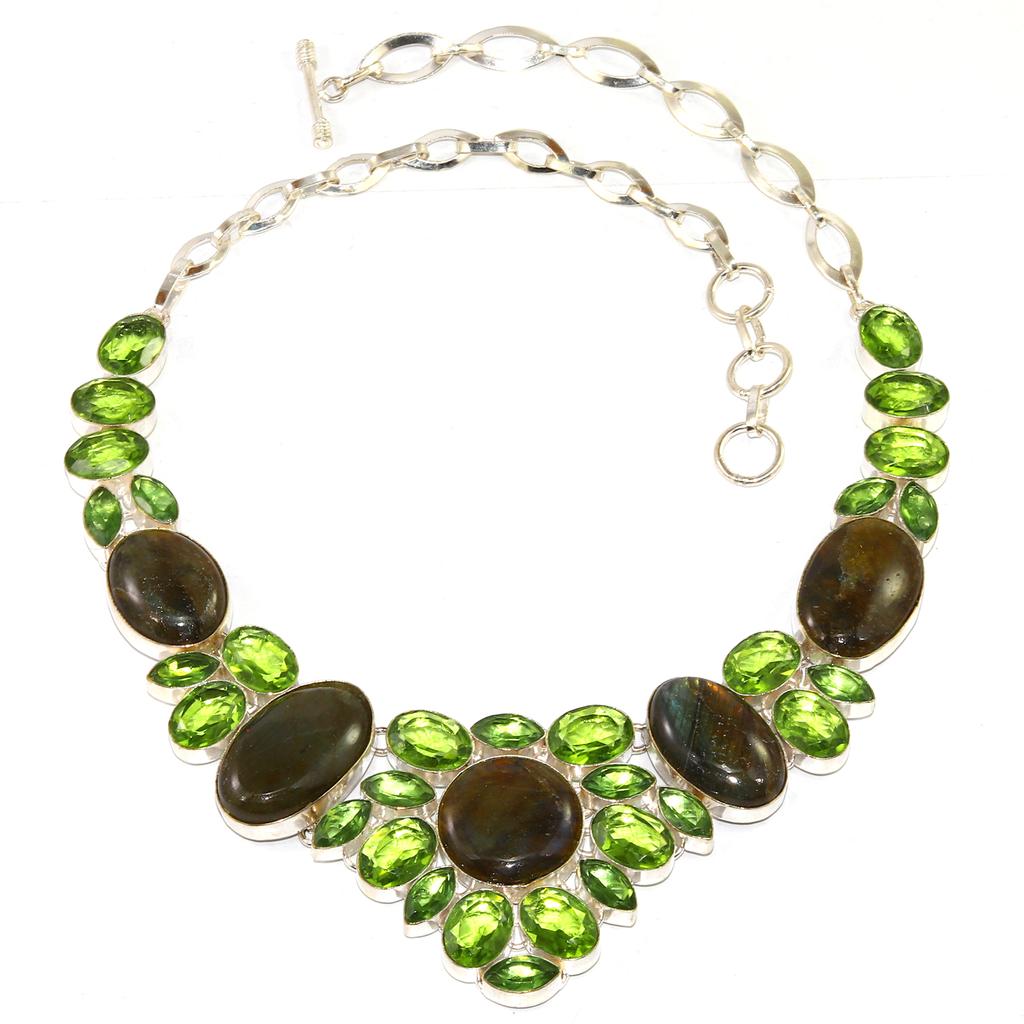 Fiery Labradorite Garnet Gemstone Jewelry Necklace 16-18''