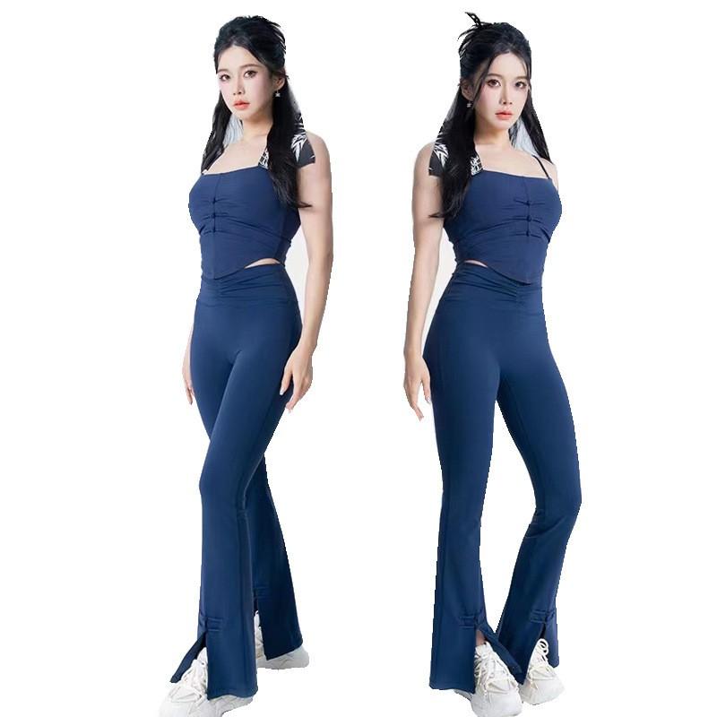 Womens Yoga Set With Built-in Bra Pad Quick-Dry Tank Top High-Waisted Flared Split Leggings 2-Piece Sportswear