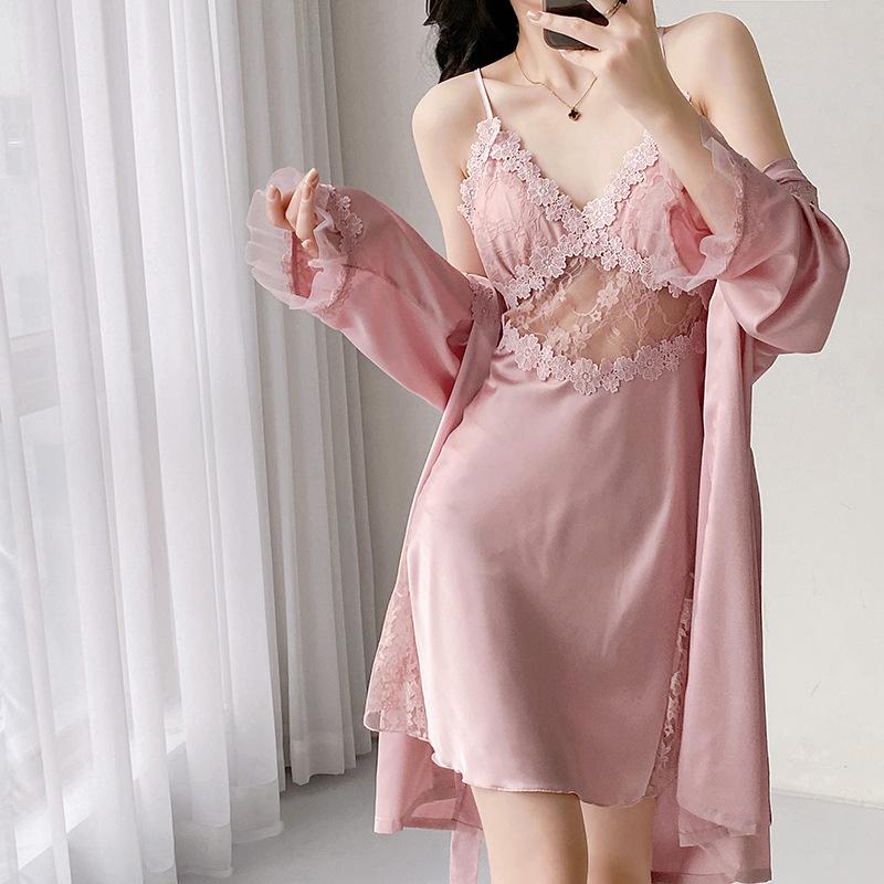 Sexy pajamas female pure desire wind 1011 spring and summer lace with chest pad suspender nightdress nightgown two-piece set hollow