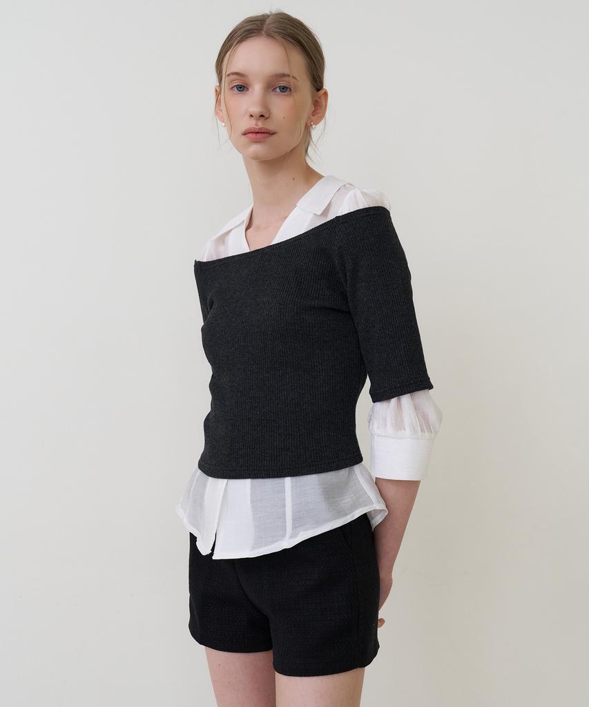 BIBYSEOB Boat Neck Layered T-Shirt Charcoal [T61]