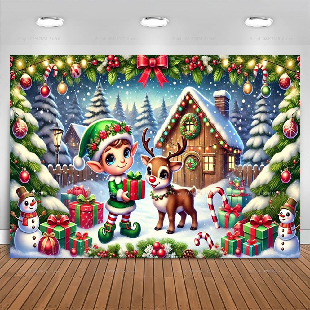 Cute Christmas elf scene, snowy Christmas decorations, children's birthday party decorations, photography backdrop, banner, photo stand props5328
