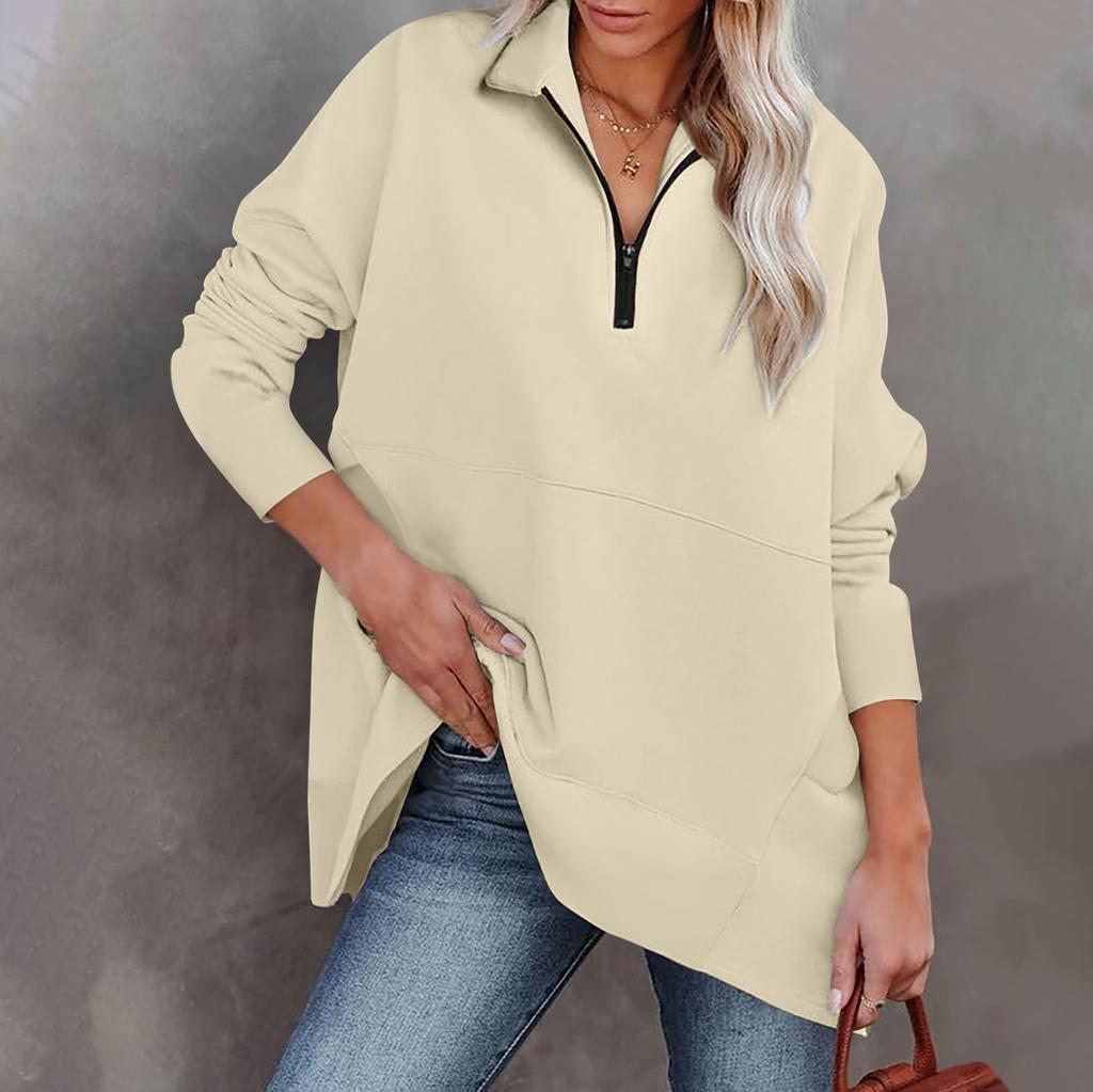 Женская повседневная спортивная рубашка оверсайз на половинной молнии, сплошной цвет с длинными рукавами и карманным пуловером, топ