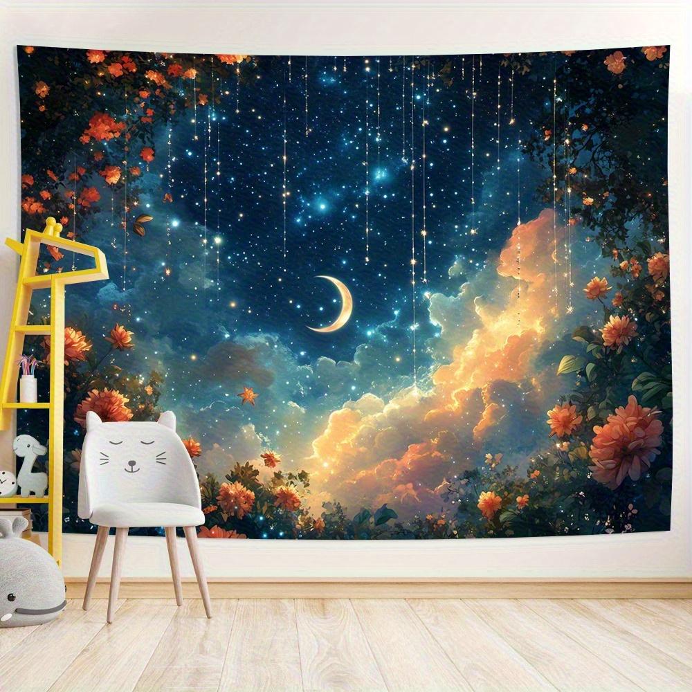 QD_VIVIOS Tapestry - Forest Moon Wall Hanging Horizontal Pine Trees and Moon Phases