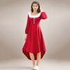 Christmas Performance Dress Fluffy Square Neck Pure Color A-line Irregular Hem Button