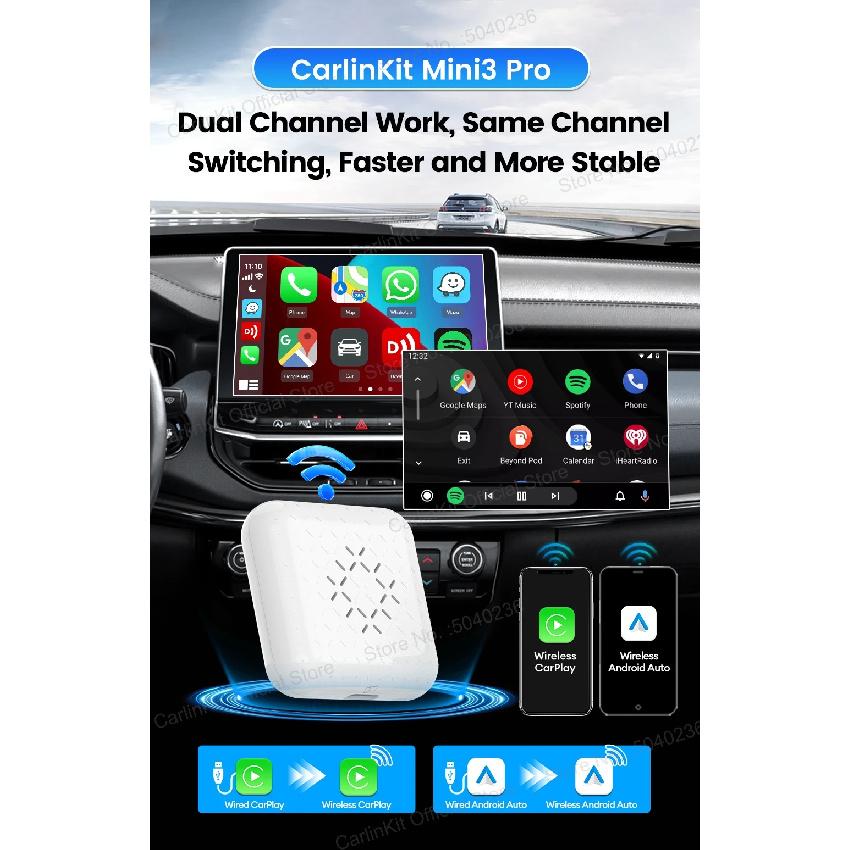 CarlinKit 5.0 Mini Pro Wireless Android Auto & CarPlay Adapter Split Sceeen Online Upgrade 5.8Ghz WiFi Bluetooth Fast Connect