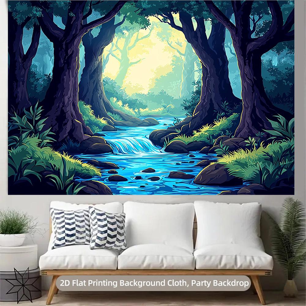 2D plane, 1 piece of redwood river sunlight reflection forest background fabric, suitable for home use and photography.
