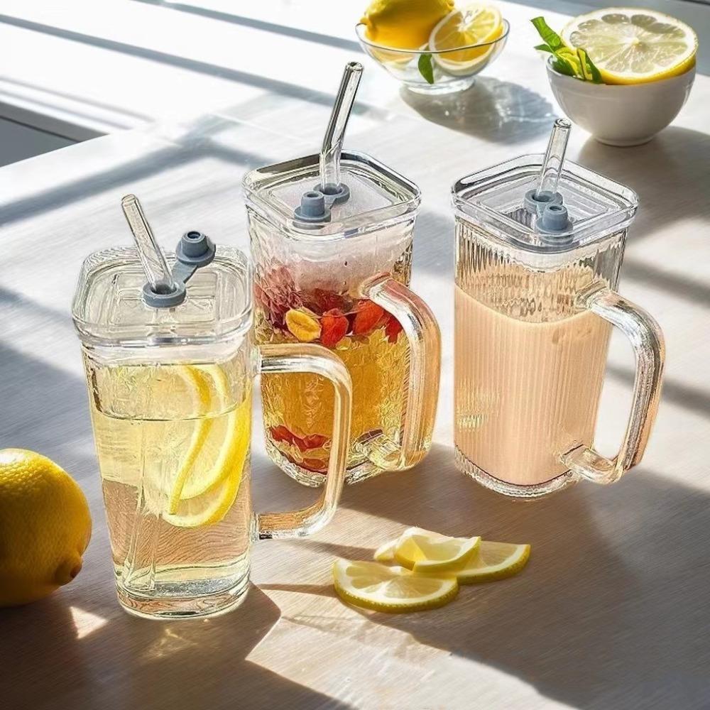 Прозрачный стеклянный стакан с крышкой и соломинкой, квадратный стакан для воды, стильная кофейная чашка, домашний бар