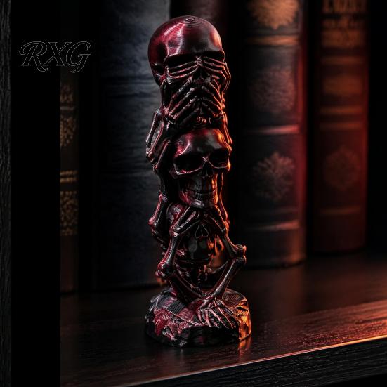 Creative Resin Crafts 3D Printed Triple Skull Statue, Halloween Horror Hear No Evil See Skeleton Figurines Speak Figurine, Desk Decor for Home Office