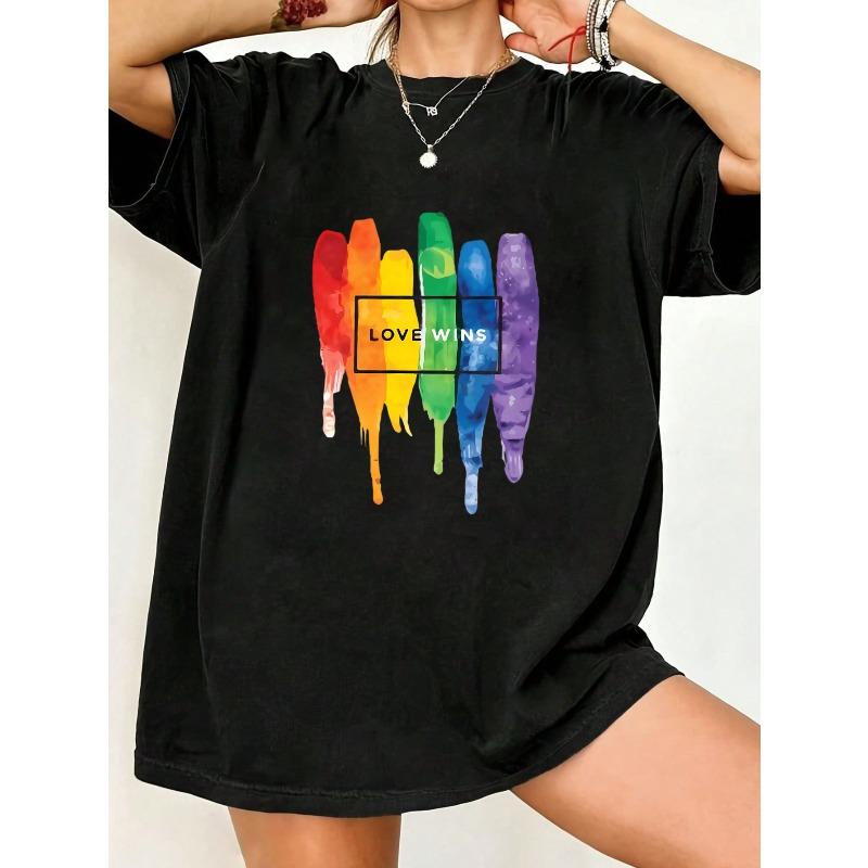 Oversized T Shirt Black Rainbow Paint Drip Love Wins Print Casual Wear For Women Summer Streetwear Fashion Statement Top