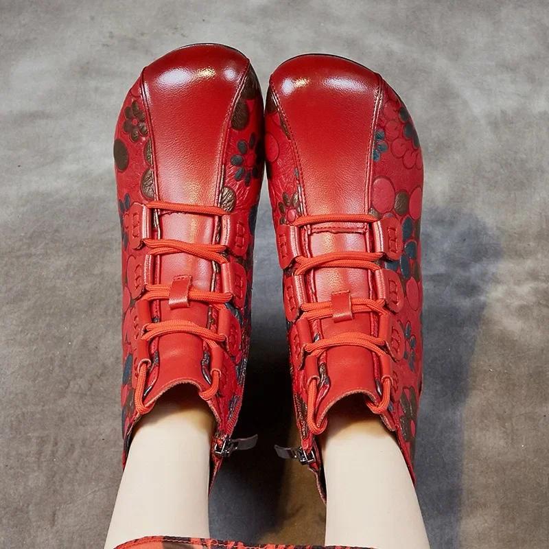 Мода 2024 года, новые осенние и зимние теплые туфли из натуральной кожи, женские ботинки с круглым носком, принтом, молнией в стиле ретро, ботинки для отдыха на платформе