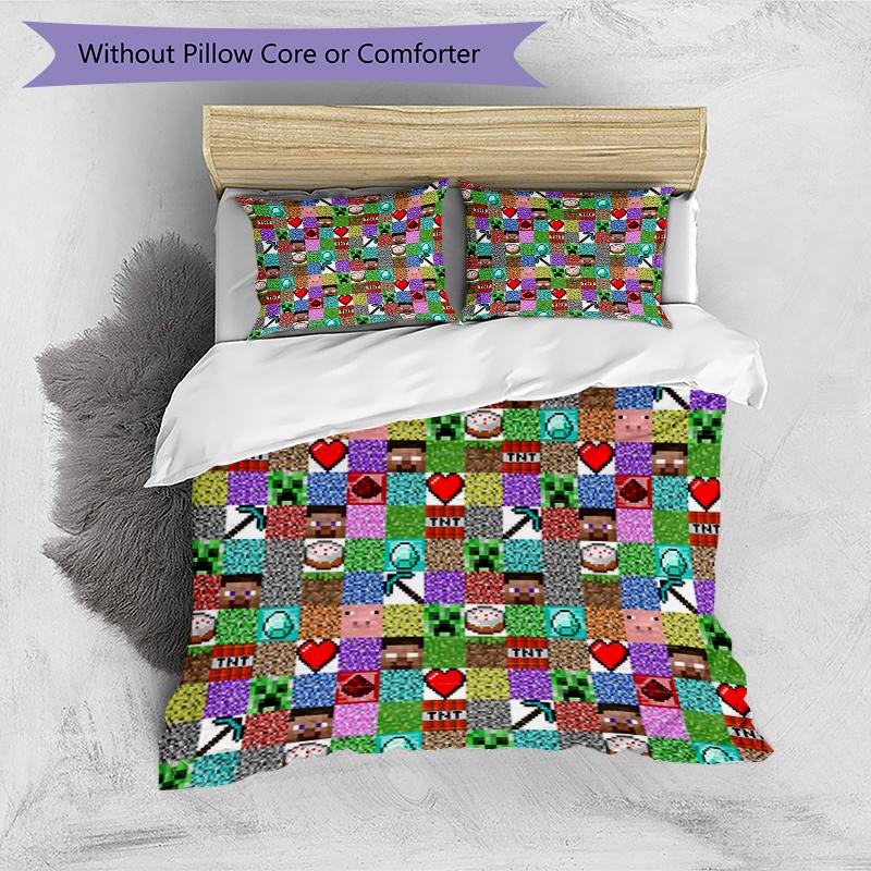 3pcs Duvet Cover Set (1*Duvet Cover + 2*Pillowcase, Without Core),Sandbox game Print Bedding Set, Bedroom Decor, All‑Season, Birthday Gift