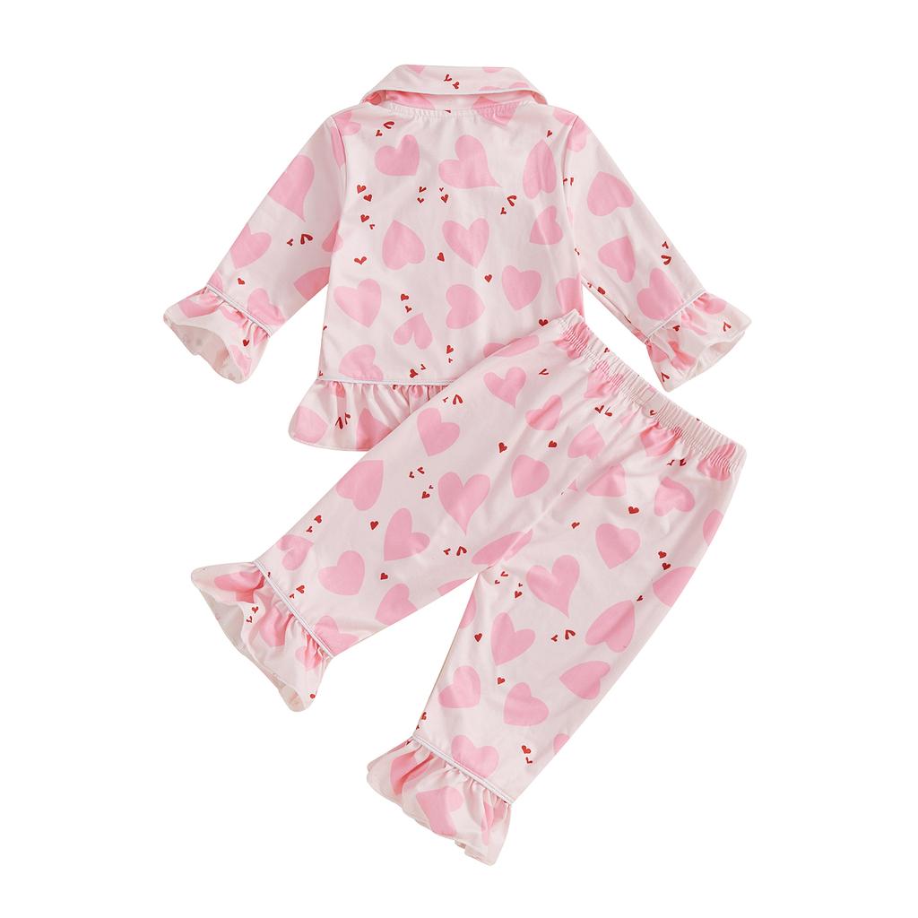Kids Girls Pajamas Set Heart Print Long Sleeves Shirt and Elastic Pants for Loungewear Sleepwear