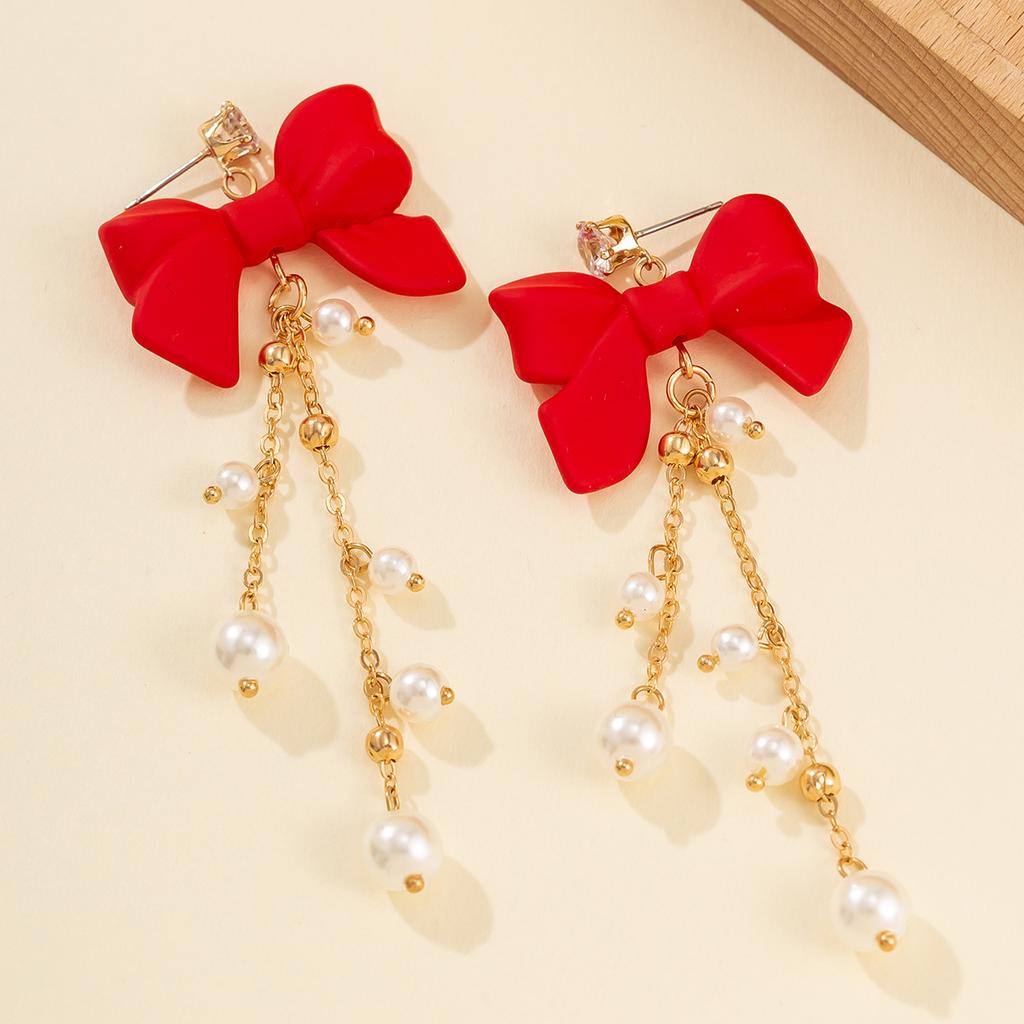 Ins Sweet Cool Red Bow Earrings Female Earrings Temperament Imitation Pearl Fringed Ear Jewelry