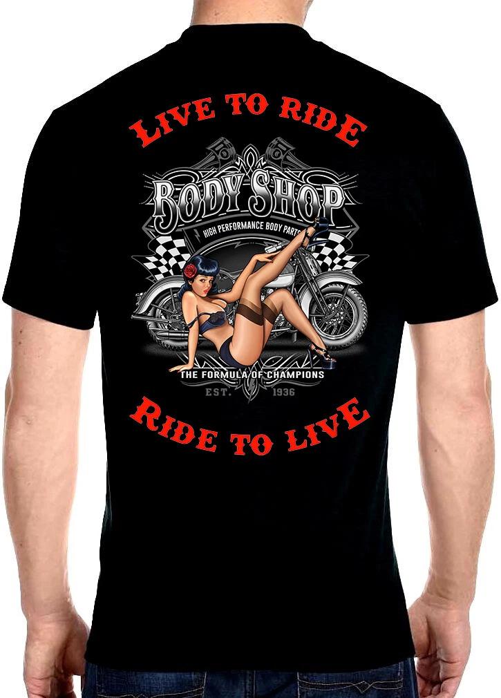 Mens Pinup Babe Biker Chick Motorcycle Live To Ride Biker Tee Shirt