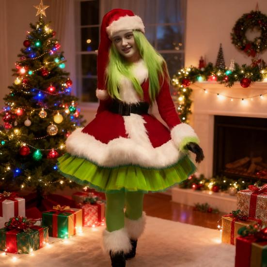 Рождественское платье для женщин 2 шт. Миссис. Костюмы Клауса и набор шляп Бархатный пушистый костюм Санта-Клауса для рождественской праздничной вечеринки Косплей
