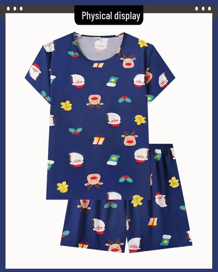 Женский летний мультяшный пижамный комплект - Милый корейский стиль Рождественская пижама с коротким рукавом и шортами