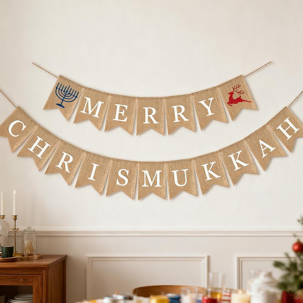 Merry Chrismukkah Banner Christmas Hanukkah Party Garland Wall Hanging Decoration Burlap Bunting Je Holiday Keepsake Gift