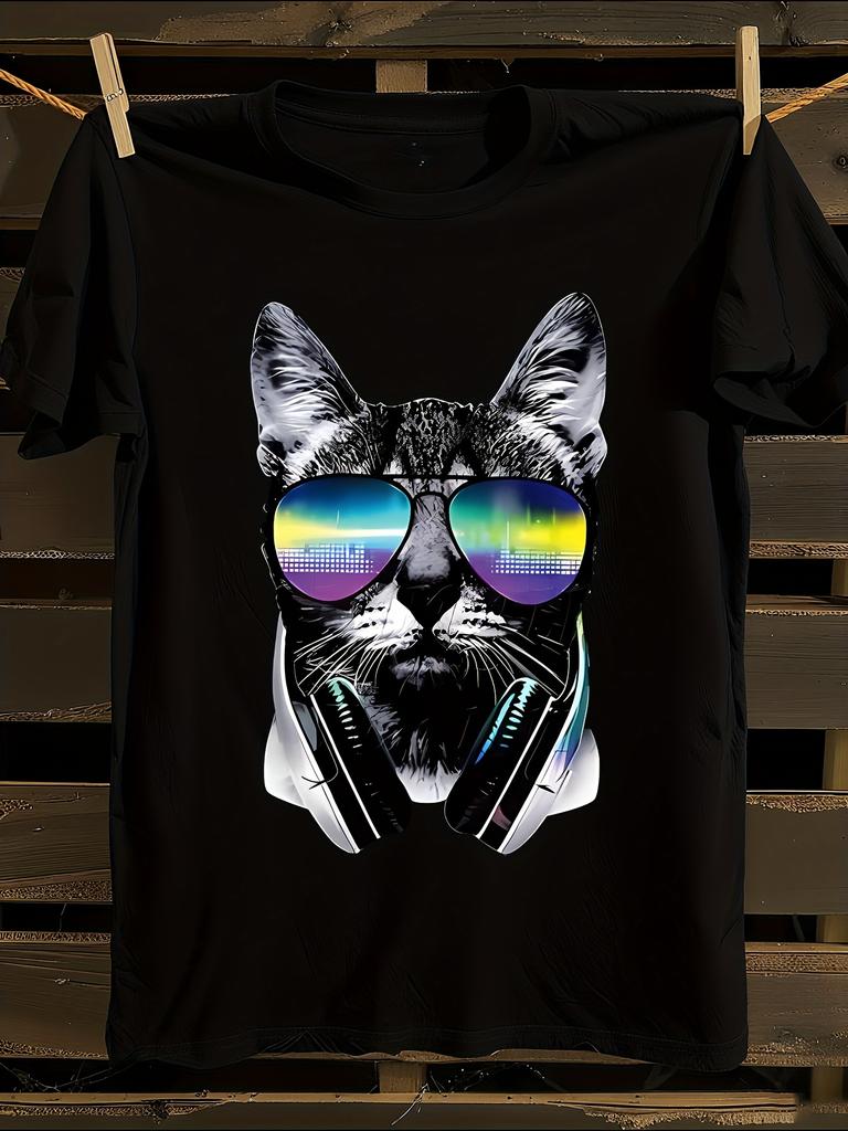 DJ Cat & Music Note T-Shirt Mens Tshirt Womens Tshirts with Letters Print Short Sleeves T-Shirt Casual Street Tee Shirt Top