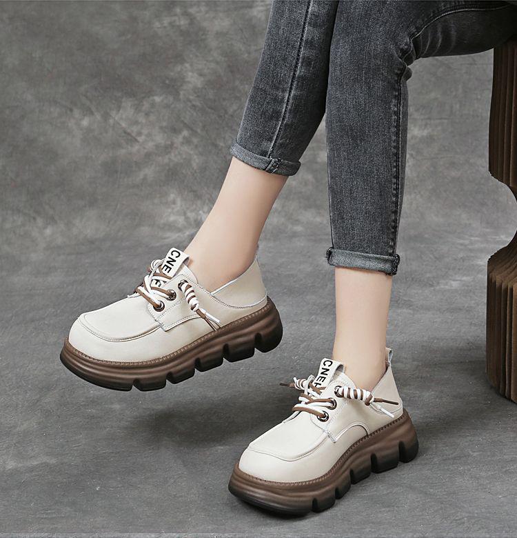 Женские лоферы из натуральной мягкой кожи, британский стиль 2025 - Весна/Осень, Толстая подошва, На шнуровке, Универсальная, Удобная обувь