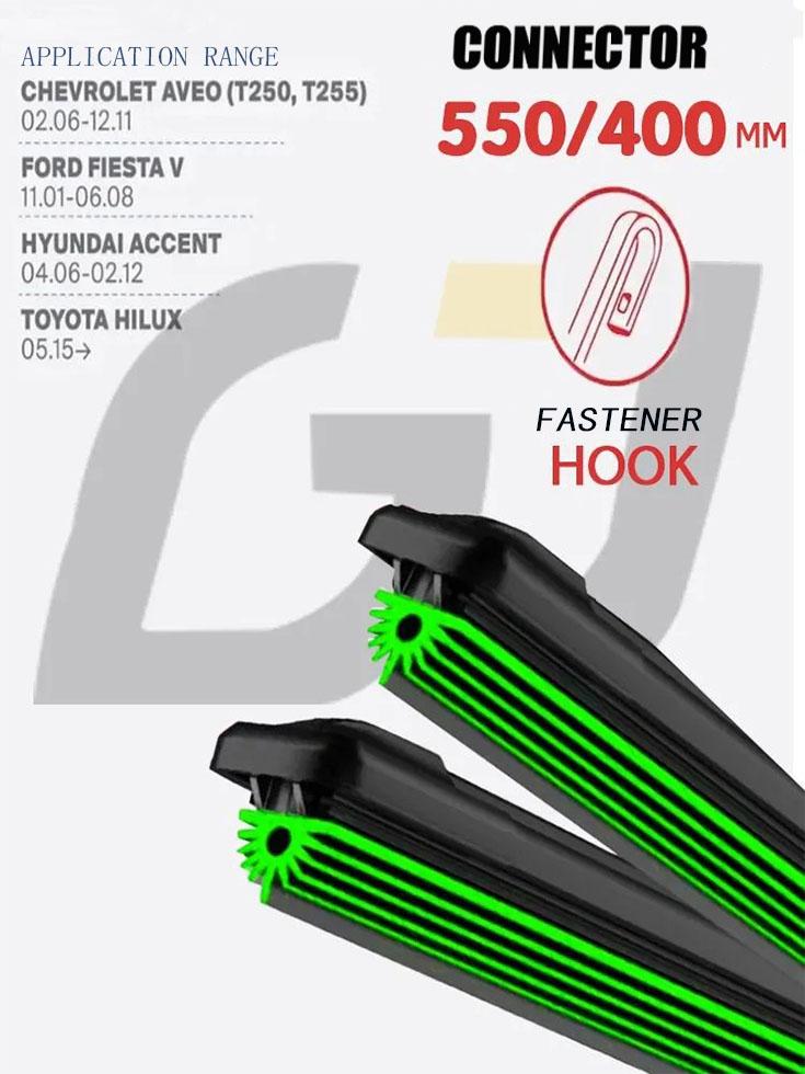 22"+16" Hook Frameless Wipers, Quiet 11-Layer Rubber Blades for Aveo Fiesta V Accent Hilux
