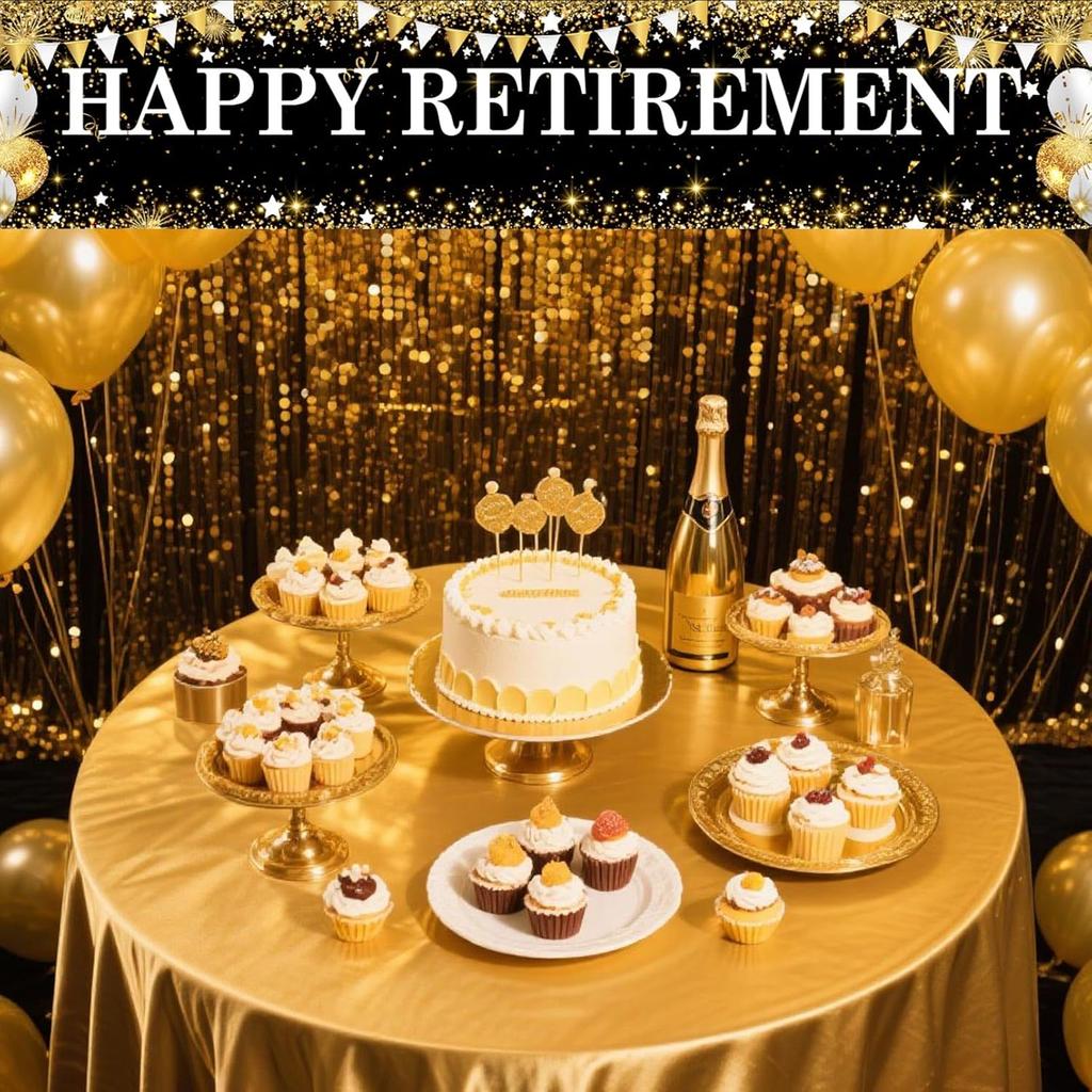 Black Gold Happy Retirement Banner for Women Man, Large Retirement Yard Sign for Porch/Fence/Lawn Decorations - Retire Party Supplies & Hanging Decor