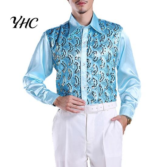 Sequin Embellished Men Shirt Luxury Sequins Performance Lapel Long Sleeve Single-Breasted Lightweight Wedding Stage Slim Fit Formal Casual Tops