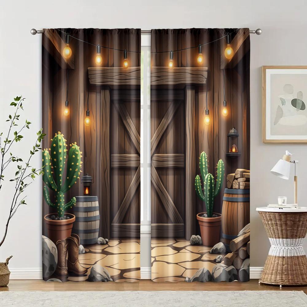 2pcs, Contemporary Curtains Wild West Barn Polyester Easy Install (without rod) Decorations Clearance Use for Bedroom, Living