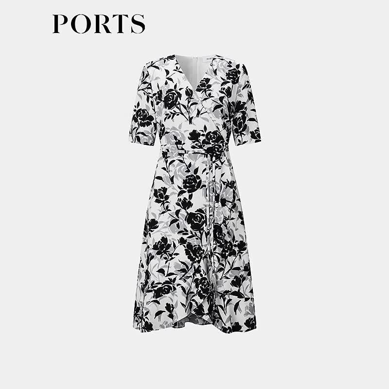 Ports Женское черное цветочное платье-миди с V-образным вырезом