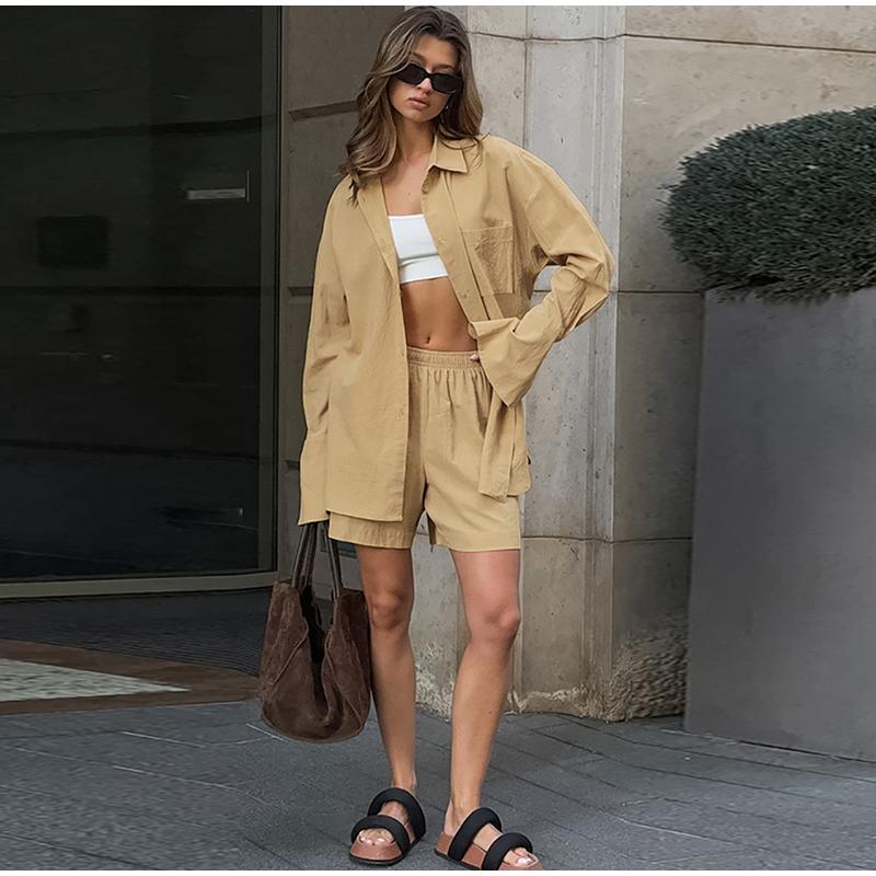Повседневный комплект с шортами для женщин, весна-лето, лацканы, пуговицы, карманы, блузки, длинные рукава, эластичный пояс, брюки, комплекты, женский однотонный женский костюм