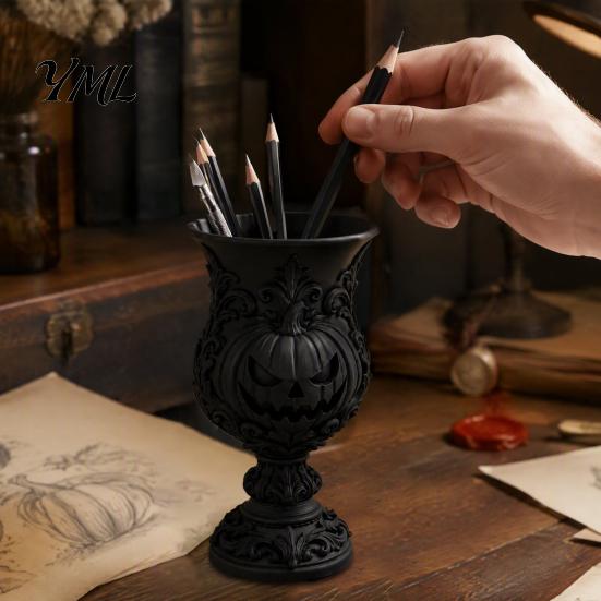 Vintage Goblet Pen Container 3D Printed Gothic Pumpkin Holder, Retro European Style Relief Stationery Biodegradable Pla Pencil Cup Organizer,