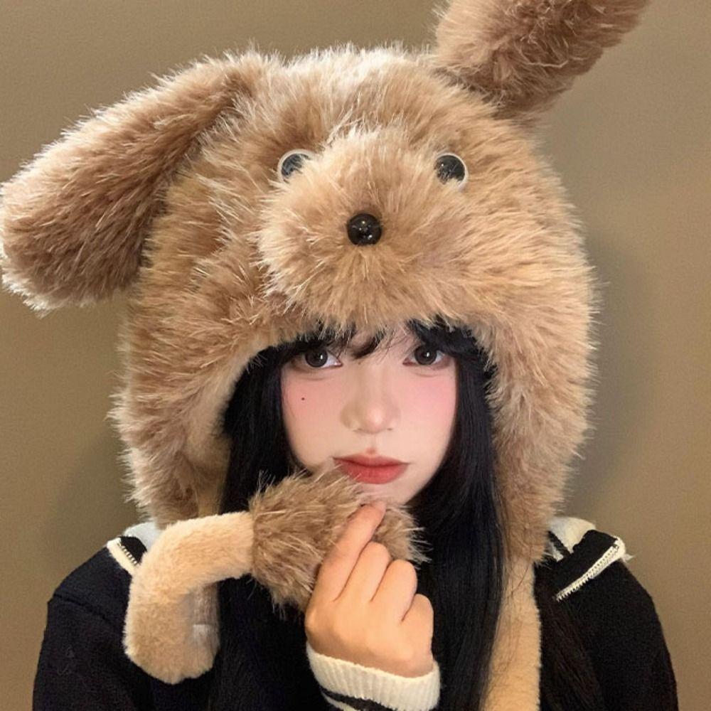 Cartoon Movable Puppy Ears Hat Windproof Woolen Hat Solid Color Fluffy Lei Feng Hat Autumn/winter